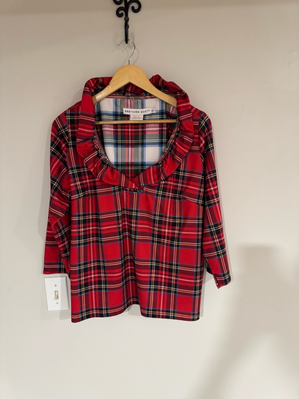 Gretchen Scott Red Plaid Ruffle Neck Top | Preppy Tartan Holiday Chic Sz XL